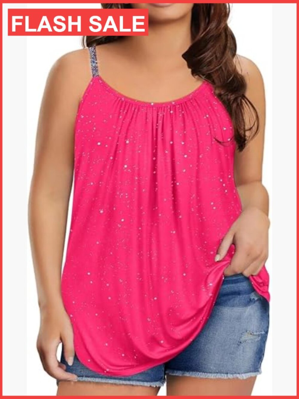 Plus Size Tank Top Loose Cami Spaghetti Strap Button Pleated Vest Summer Sequin